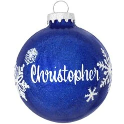 Personalized Sparkle Glass Ornament With Snowflakes -Holiday Decoration Store 1016 media dark20blue 1