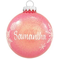Personalized Sparkle Glass Ornament With Snowflakes -Holiday Decoration Store 1016 media pink 1