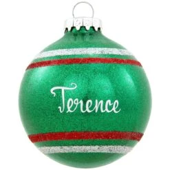 Personalized Sparkle Glass Ornaments With Stripes -Holiday Decoration Store 1027 media green 1