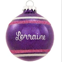 Personalized Sparkle Glass Ornaments With Stripes -Holiday Decoration Store 1027 media purple 1