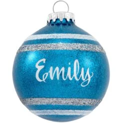 Personalized Sparkle Glass Ornaments With Stripes -Holiday Decoration Store 1027 media teal 1