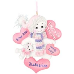 Personalized Baby's 1st Christmas Pink Snowman With Hearts Ornament
