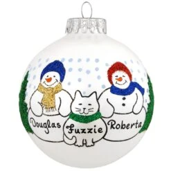 Personalized Snowman Couple With Cat Glass Ornament