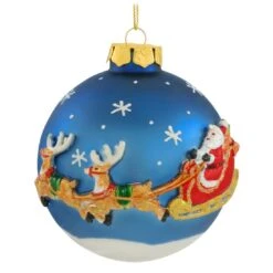 Santa Sleigh On Blue Glass Ornament