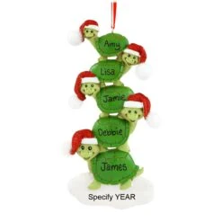 Personalized Turtle Family Of 5 With Santa Hats Ornament