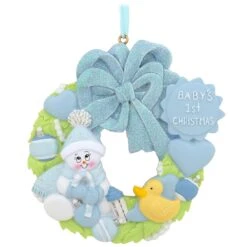 Personalized Blue Baby's First Christmas Wreath With Glitter Ornament -Holiday Decoration Store 1165695 web 2