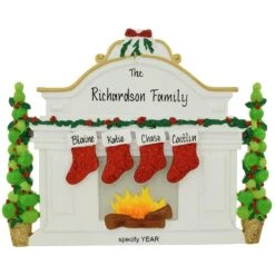 Personalized Fireplace Mantle With 4 Stockings Table Display