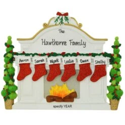 Personalized Fireplace Mantle With 6 Stockings Table Display