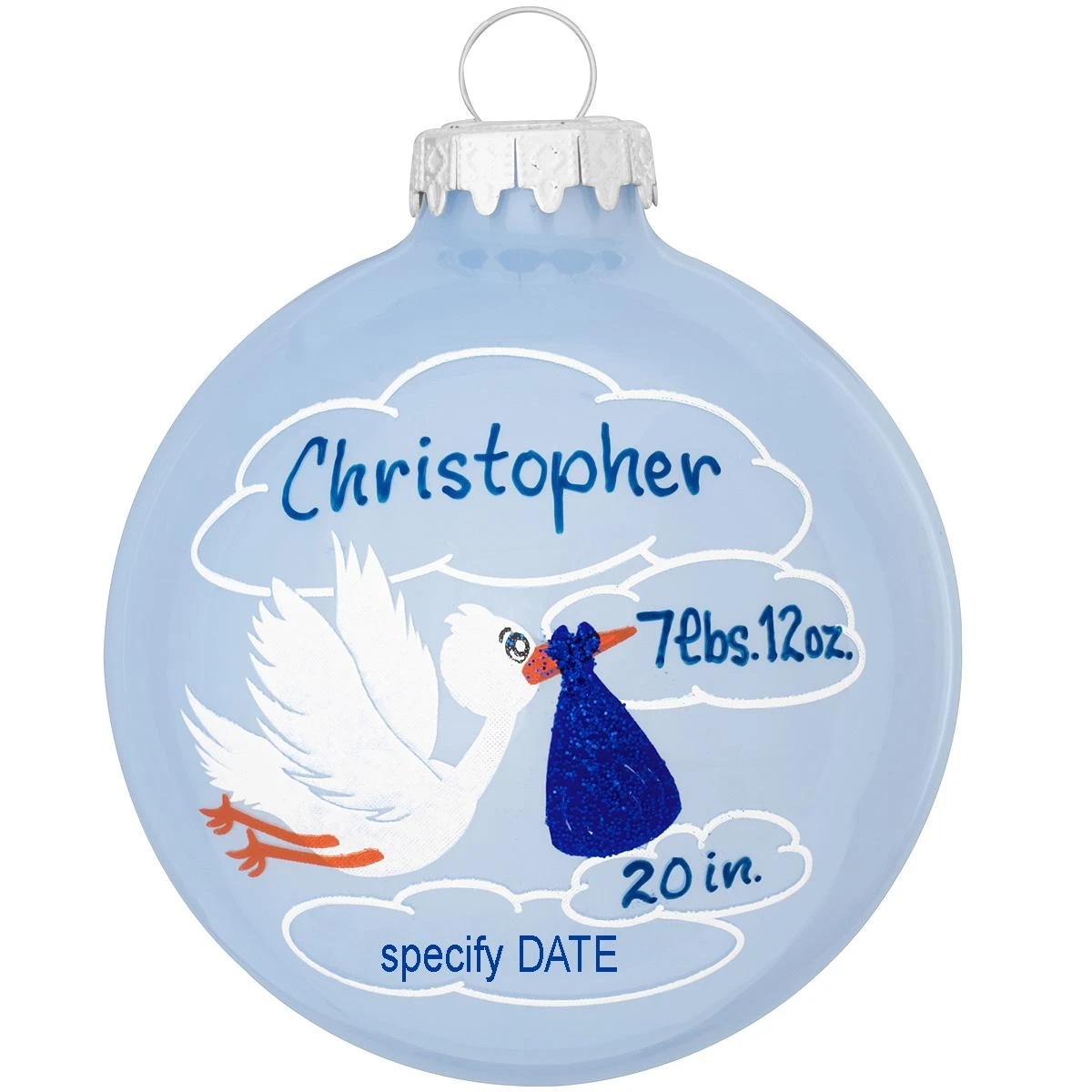 Personalized Stork With Clouds Boy Birth Statistics Ornament 3 Personalized Stork With Clouds Boy Birth Statistics Ornament