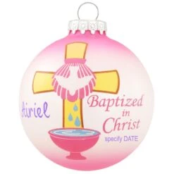 Personalized Pink Baptized In Christ With Cross Glass Ornament