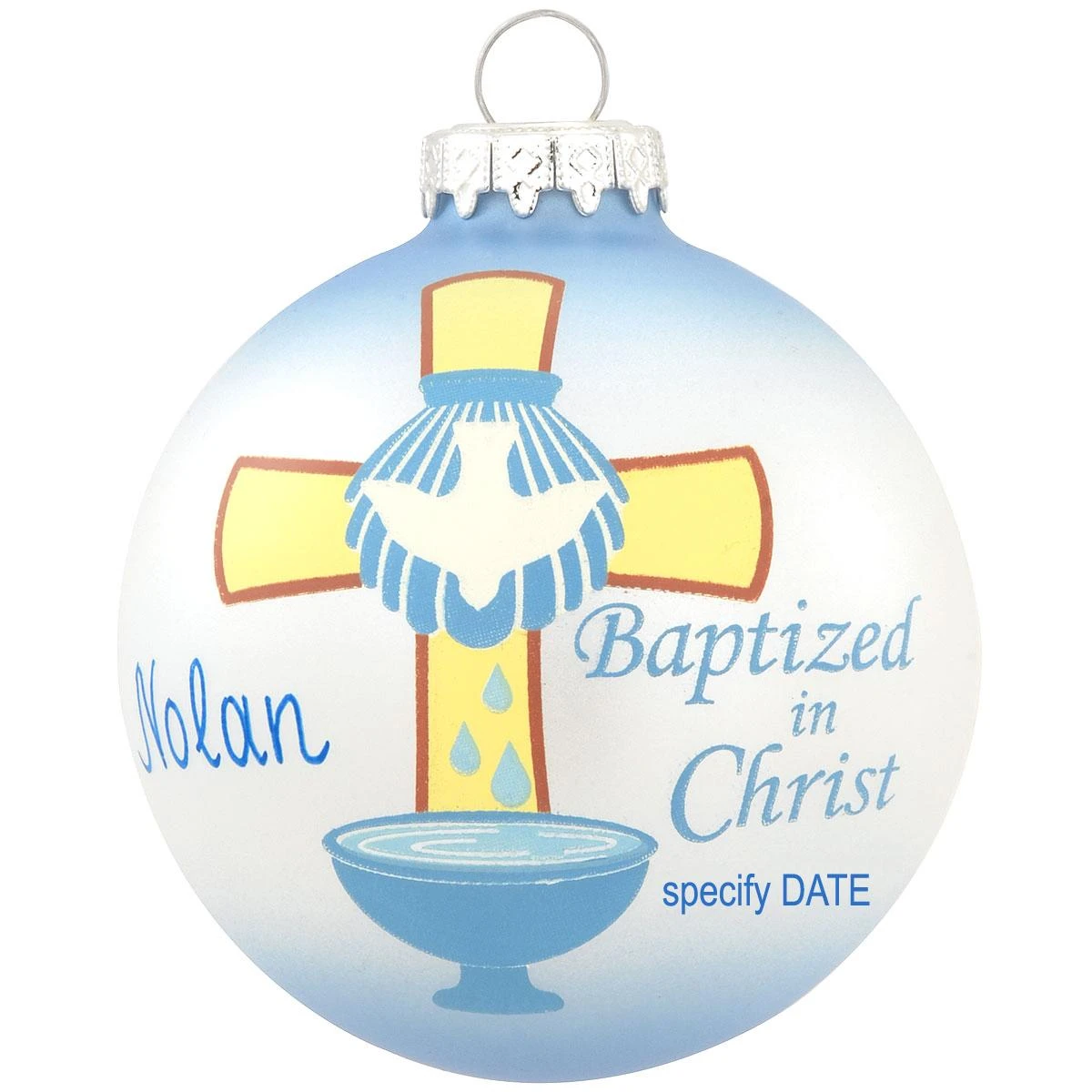 Personalized Blue Baptized In Christ With Cross Glass Ornament 3 Personalized Blue Baptized In Christ With Cross Glass Ornament