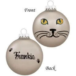 Personalized Gray Cat Face With Yellow Eyes Glass Ornament