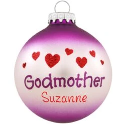 Personalized Godmother With Hearts Glass Ornament