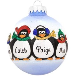 Personalized Penguin Family Of 4 Glass Sparkle Ornament