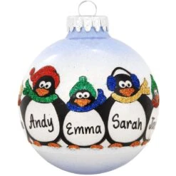 Personalized Penguin Family Of 5 Glass Sparkle Ornament