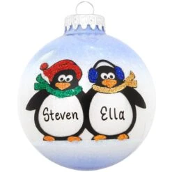 Personalized Penguin Couple Glass Sparkle Ornament