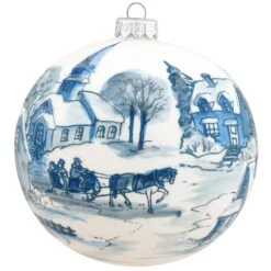 Blue Village Scene On White Glass Ornament