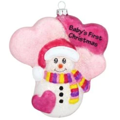 Personalized Pink Snowman Baby's First Christmas Glass Sparkle Ornament -Holiday Decoration Store 1180258 web 2