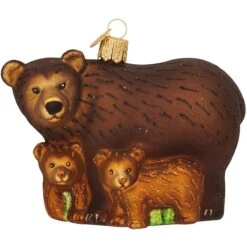 Brown Bear With Cubs Glass Ornament
