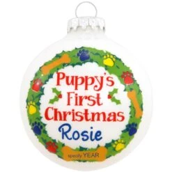 Personalized Puppy's First Christmas Glass Ornament