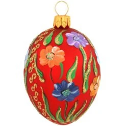 Red Egg With Floral Pattern Glass Ornament