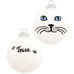 Personalized White Cat Face With Blue Eyes Glass Ornament