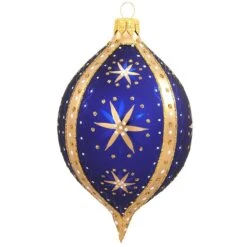 Blue Glass Teardrop With Gold Stars Ornament