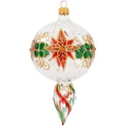 Clear Glass Ornament With Poinsettias And Swirls