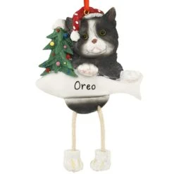 Personalized Black And White Cat Ornament With Dangling Legs