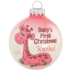 Personalized Baby's First Christmas Pink Giraffe Glass Ornament