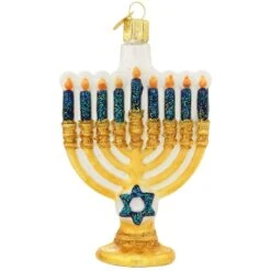 Gold And Blue Glass Menorah Ornament