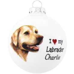 Personalized I Love My Labrador Yellow Face On White Glass Ornament