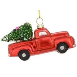 Red Truck Hauling Tree With Lights Glass Ornament