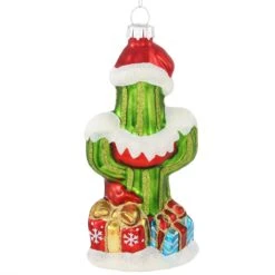 Cactus With Santa Hat Glass Ornament