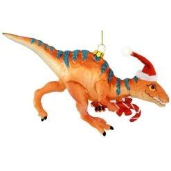 Raptor Dinosaur With Santa Hat Glass Ornament