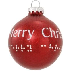 Merry Christmas Braille Red Sparkle Glass Ornament