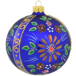 4 Inch Blue Glass Ornament With Flowers