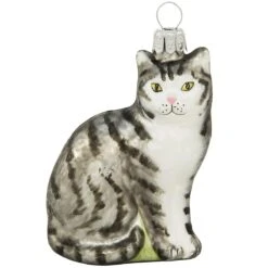 Sitting Gray Tabby Cat Glass Ornament