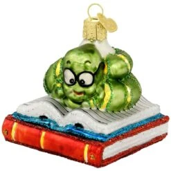 Bookworm With Books Glass Ornament