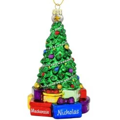 Personalized Christmas Tree With Gifts And Silver Garland Glass Ornament