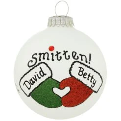 Personalized Smitten Mittens Heart Gifts Glass Ornament