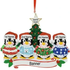 Personalized 4 Penguins In Christmas Sweaters Ornament