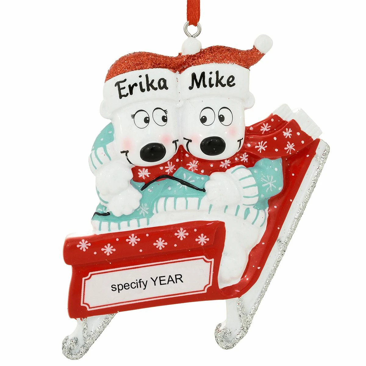 Personalized Polar Bear Couple On Sled Ornament 3 Personalized Polar Bear Couple On Sled Ornament