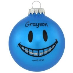 Personalized Blue Smile Face With Braces Glass Ornament