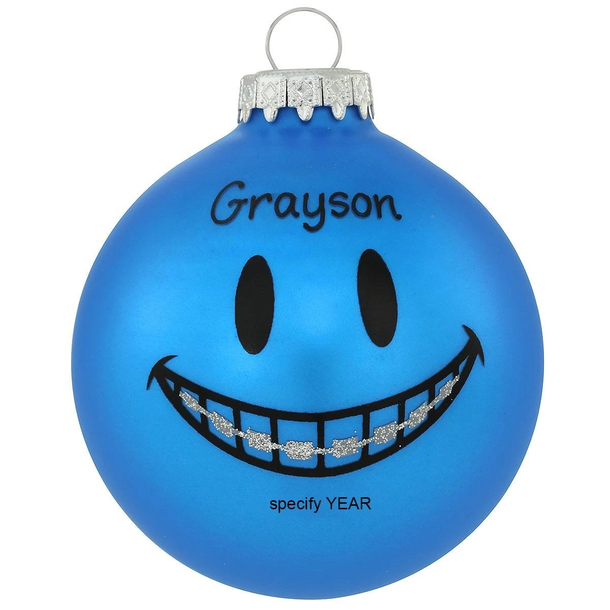 Personalized Blue Smile Face With Braces Glass Ornament 3 Personalized Blue Smile Face With Braces Glass Ornament