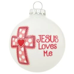 Jesus Loves Me Pink Glass Ornament