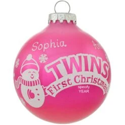 Personalized Twins 1st Christmas Pink Glass Ornament