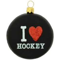 I Love Hockey Puck Glass Ornament
