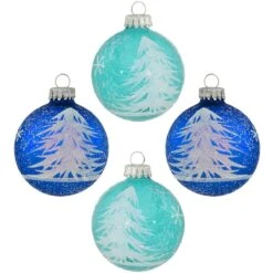 Set Of 4 Aqua And Blue Glass Ornaments With White Glitter Tree Designs