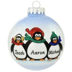 Personalized Penguin Parent With 2 Children Glass Sparkle Ornament